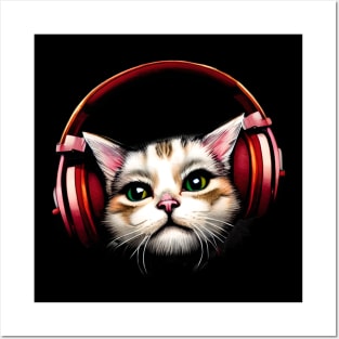 Cat wearing headphones Posters and Art